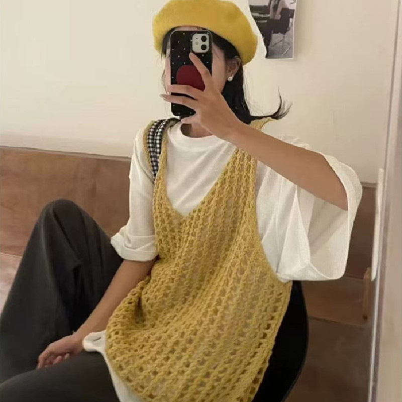 Korean Style Cut Out Knitted Vest for Women 2025 Summer New Style Layered Loose and Versatile Sleeveless Blouse Sweater for Women