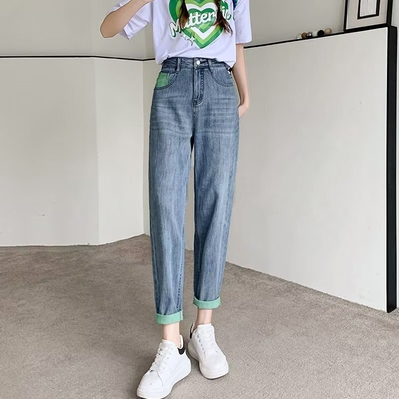 Plus size women's clothing 2023 Summer high waist fruit green cropped Daddy jeans fat sister mm slimming harem cropped pants