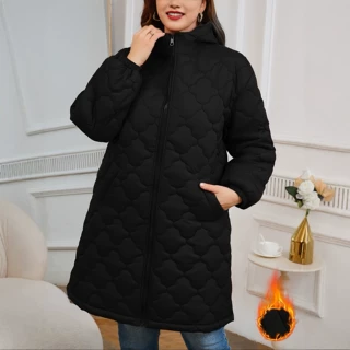 欧美跨境大码连帽菱形格棉服女中长款保暖宽松外套秋冬新款棉衣