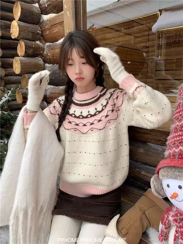 复古提花撞色加厚保暖长袖毛衣女2025冬季新款宽松外穿针织衫上衣|undefined