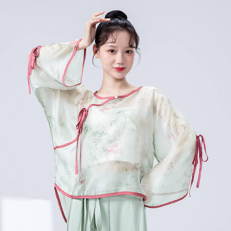 新中国風古典舞踊衣装 女性用 新作 梅の花模様の絞り染めガーゼ衣 エレガントな中国風 シンプルで爽やかな舞台衣装 練習着|undefined