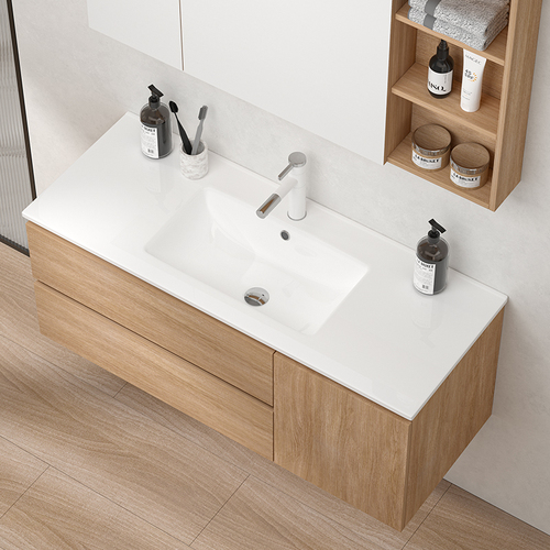 Custom wholesale original wood color integrated ceramic sink bathroom cabinet mirror cabinet set with face basin cream style bathroom