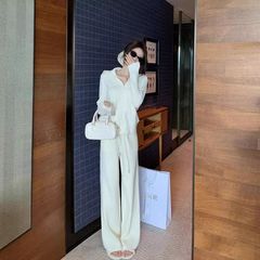 新款松弛感针织连帽休闲两件套时尚秋冬刺绣毛衣开衫阔腿裤套装女