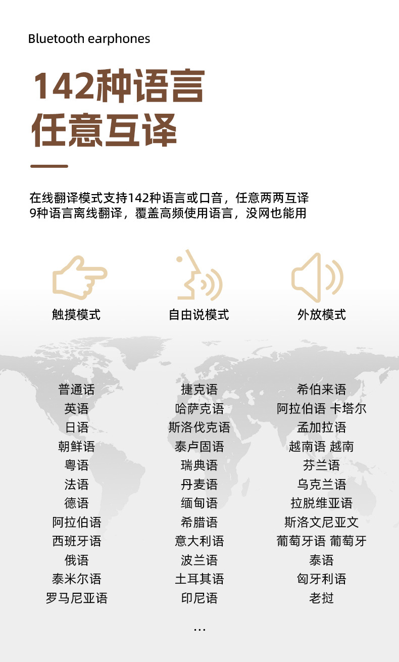 在线翻译模式支持142种语言或口音,任意两两互译9种语言离
