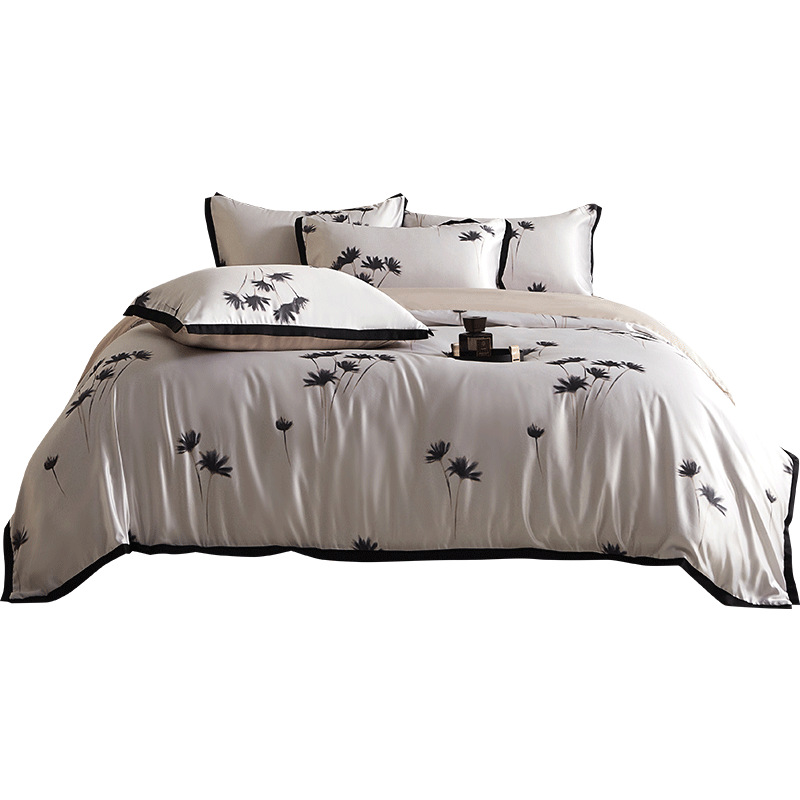 Juego de seda de hielo de cuatro piezas de verano sedoso desnudo edredón ligero de lujo de alta calidad ropa de cama lavada juego de tres piezas de cama