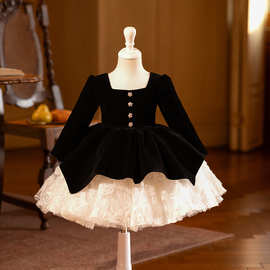 黑色儿童公主裙女孩生日主持人钢琴演出服女童高端小礼服长袖洋气
