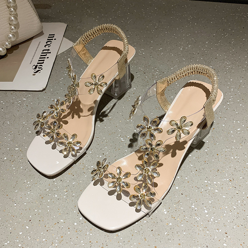 Sandalias de Tacón de Cristal con Flores de Estrás y Banda Elástica con Punta Cuadrada, Estilo Veraniego Europeo y Americano 2025, Sandalias Sexys Sin Cordones para Mujer