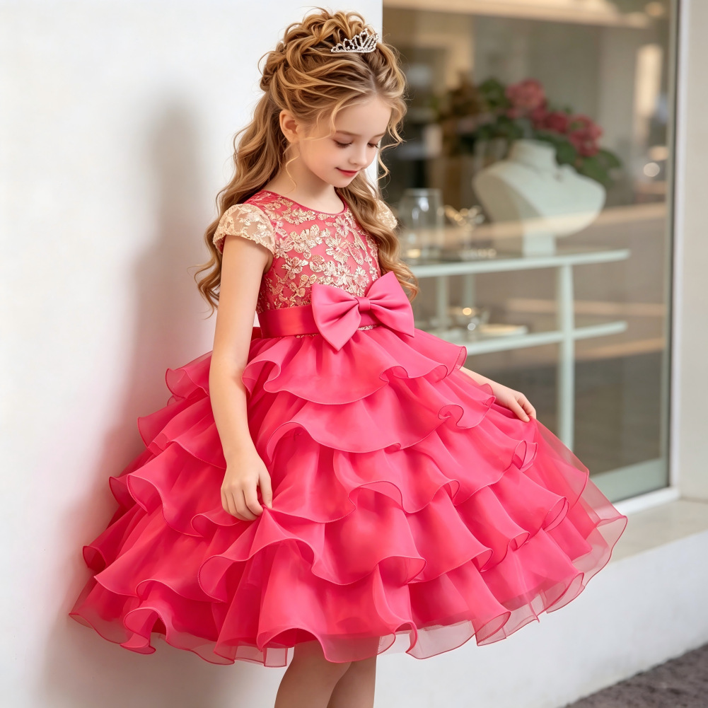 Vestido de niños pastel de arco bordado pequeño anfitrión oganza vestido de boda de chicas