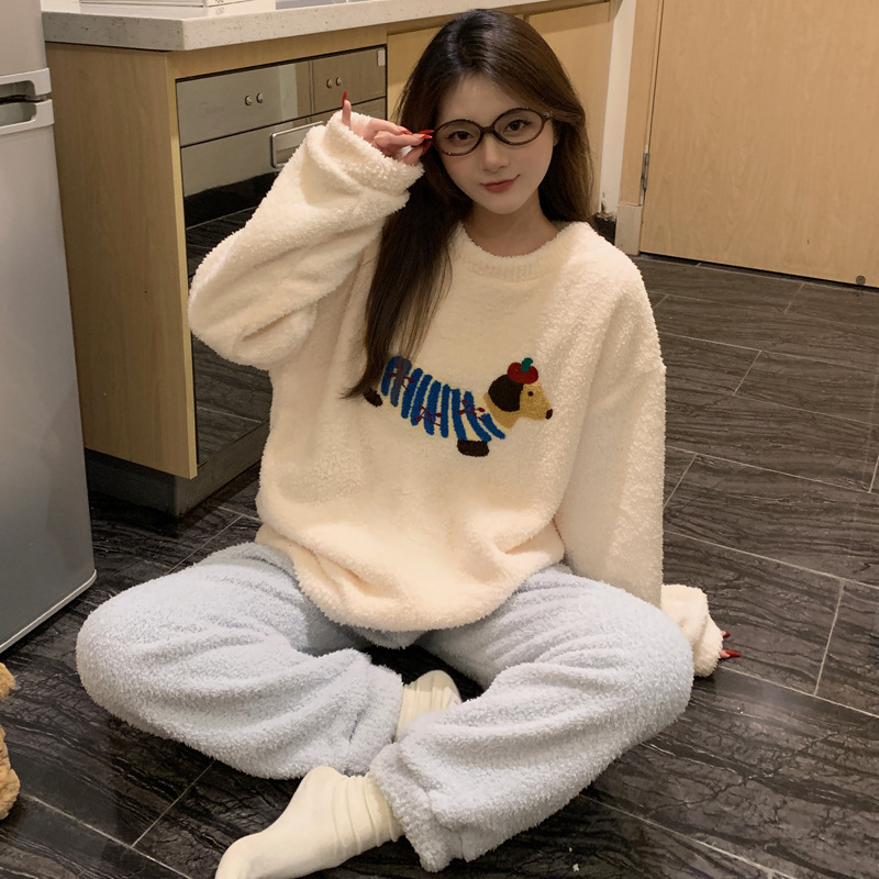 半边绒睡衣女款冬季加厚加绒珊瑚绒日系可爱腊肠狗套装冬天家居服