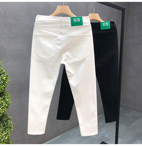Black pure denim jeans for men trendy slim fit ankle-length nine-hole pants for men stylish young white casual pants
