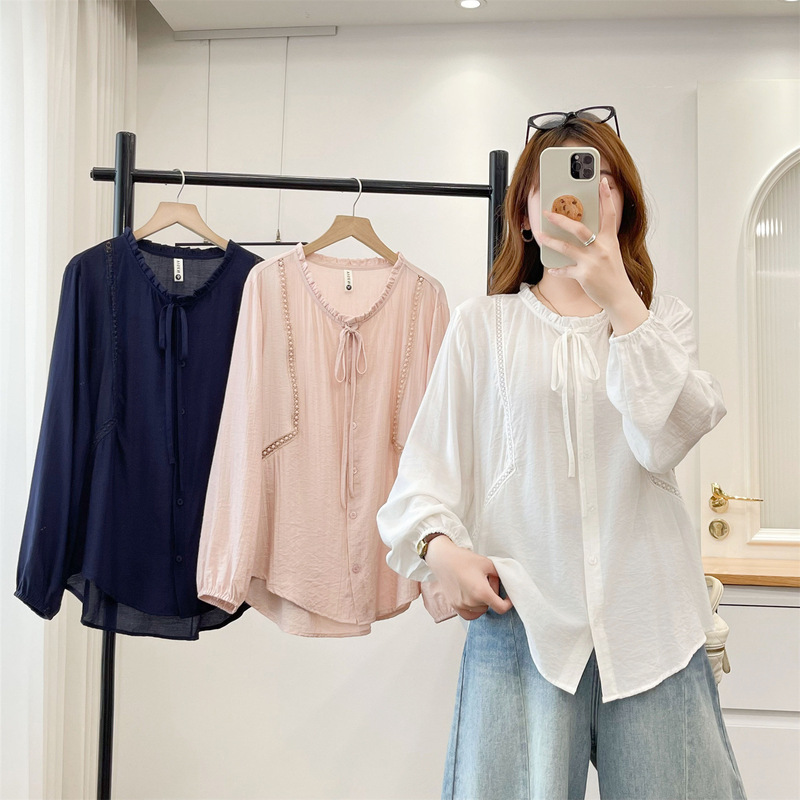 Plus-size shirt with long sleeves, lace collar, cardigan top, simple 2026 autumn plus-size shirt, fashionable casual shirt 2665 Plus-size shirt with long sleeves, lace collar, cardigan top, simple 2026 autumn plus-size shirt, fashionable casual shirt 2665