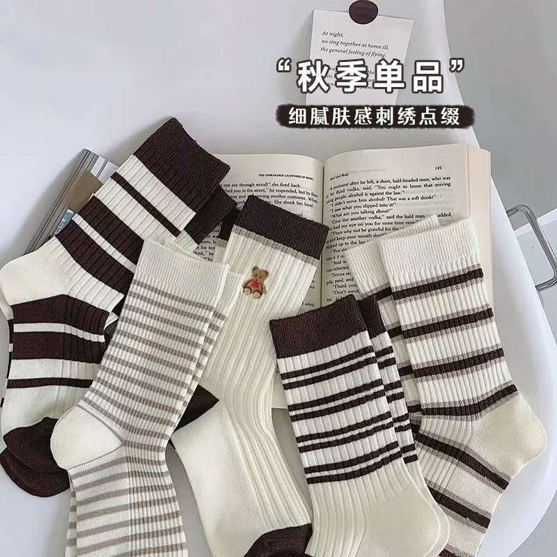 Мягкие комфортные тёплые милые демисезонные японские хлопковые колготки для коленей, с маленькими медведями, с вышивкой, середина длины