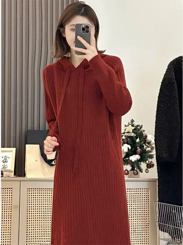 Christmas and New Year Red Autumn and Winter Women's Thick Hooded Ribbed Knit Dress Sweater Dress to Wear under a Coat Christmas and New Year Red Autumn and Winter Women's Thick Hooded Ribbed Knit Dress Sweater Dress to Wear under a Coat
