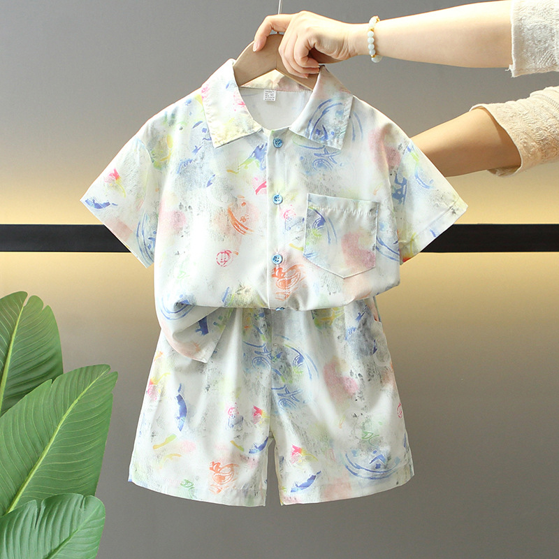 7951 Traje de manga corta de verano para niños Vestido de verano para niños 2025 Nuevo estilo Camisa de flores Ropa Traje de dos piezas de verano para bebés