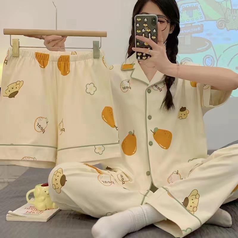 Pijamas de verano para mujer 2025, nuevo conjunto de tres piezas de cárdigan de manga corta, talla grande, delgado, pantalones largos, conjunto de ropa para estar en casa
