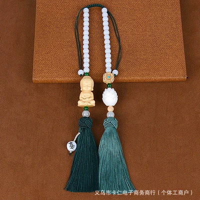 Car hanging, High-End Boxwood Small Buddha Car - peaceful-little-buddha-double-tassel-green