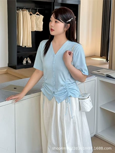 knitted Summer T-shirt Cardigan, plus size V-neck with drawstring, short sleeve