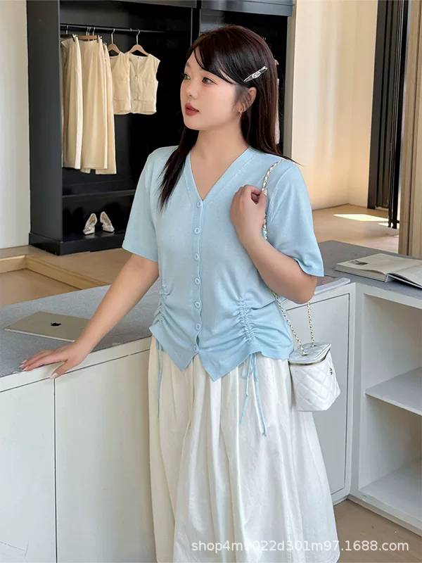 knitted Summer T-shirt Cardigan, plus size V-neck with drawstring, short sleeve