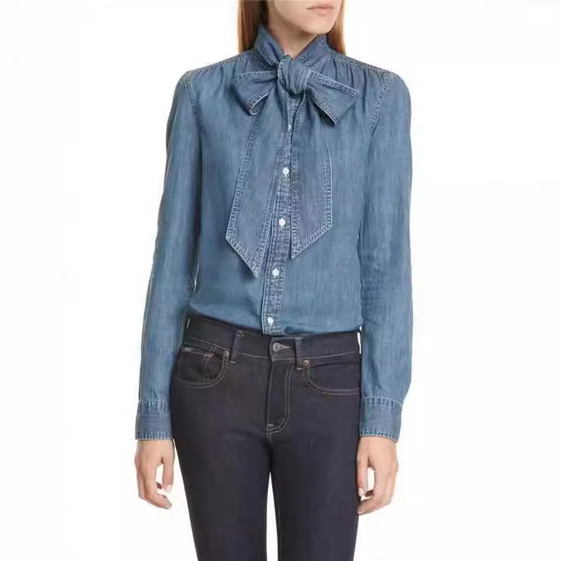 2024 European and American Bow Tie Long Sleeve Casual Denim Shirt Top Lapel Shirt