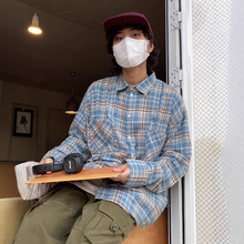 2024复古格子长袖衬衫港风宽松衬衣情侣夏季潮流百搭休闲上衣外套