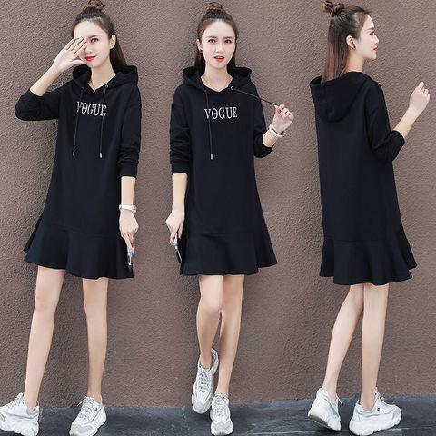 Thin Velvet Large Size Long-Sleeved Loose 100kg Fat mm Fashion Dress Mid-Length Hooded Sweatshirt Dress Autumn and Winter