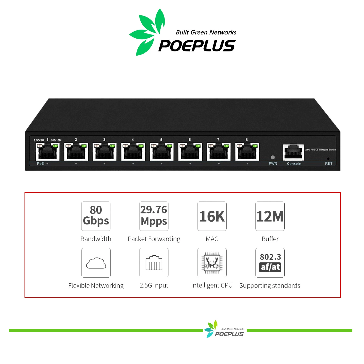 8-портовый 2,5G/10G управляемый коммутатор PoE или Non L3. 8-портовый трехслойный переключатель.
