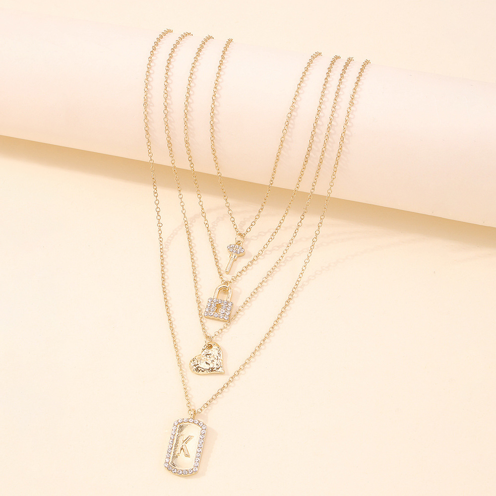 Fashion Alloy Diamond Heart Lock Square Pendent Multi-layer Necklace display picture 6