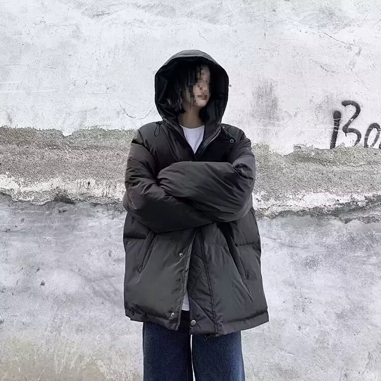 Winter travel trend down jacket with hood, oversize