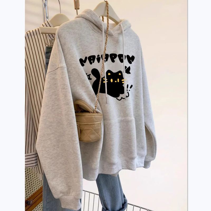 Cat-Themed American-Style Pullover Pure Cotton Hooded Sweatshirt for Women, Suitable for Spring, Autumn, and Winter; Loose Long-Sleeve Couple's Top and Jacket for Men