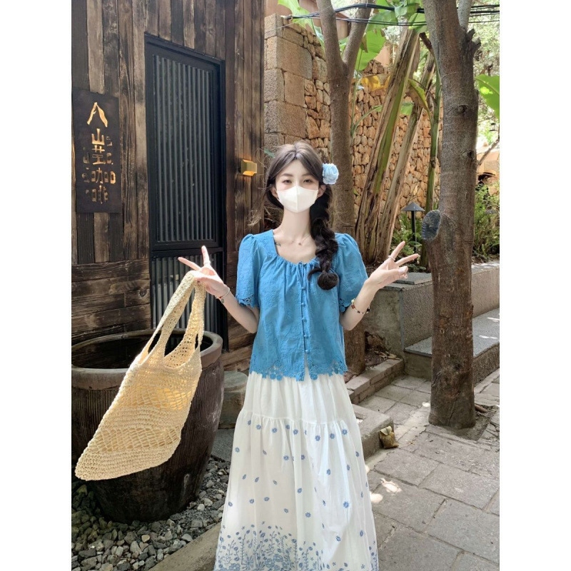 レイクブルー半袖トップ女性のための 2025 夏ドーパミンスーツフレンチユニークなベビードールシャツ小柄なレースシャツ|undefined