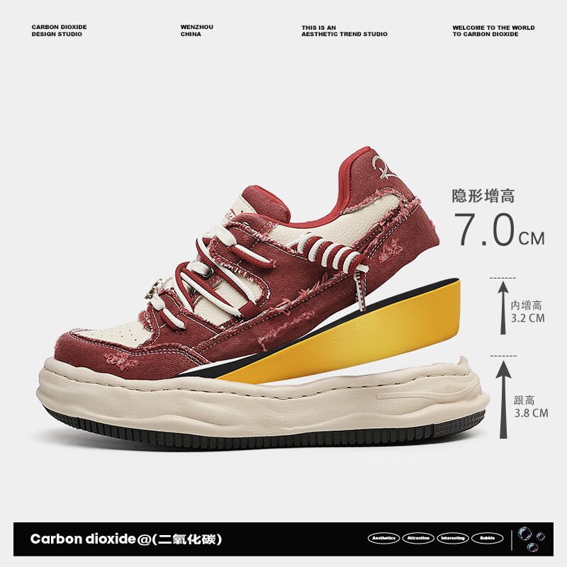 7cm Invisible Inner Heightening Washed Denim Sneakers for Men in Summer, Versatile Low-Cut Retro Red Couple's Heightening Shoes