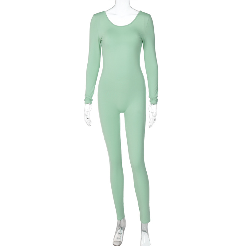 Mono de manga larga de color puro sin espalda exportación europea y americana Amazon 2025 leggings deportivos ajustados de primavera para mujer al por mayor
