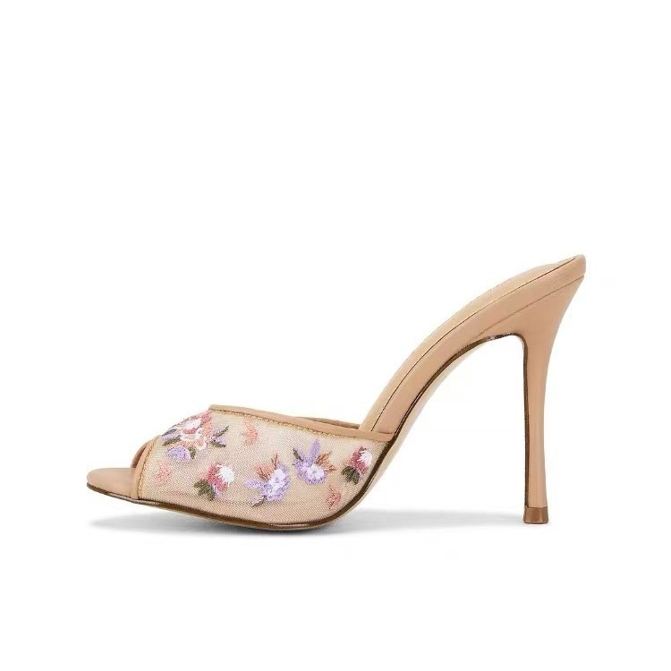2026 New Mesh Embroidered Spring/Summer Versatile High-Heeled Sandals For Women, Beige_vogvips.com
