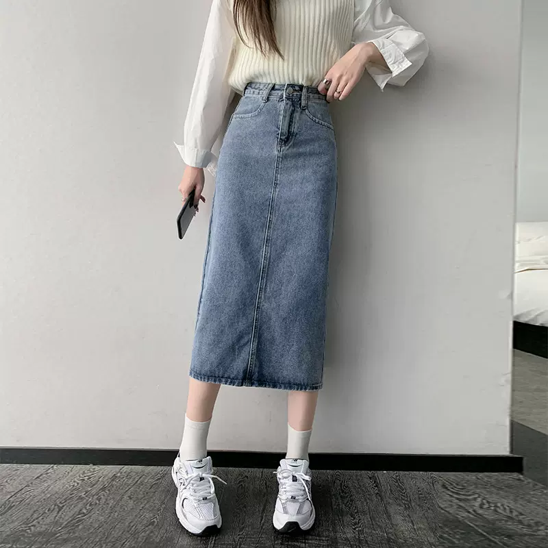 004牛仔半身裙女春夏中长款开叉a字包臀长裙子夏2022新款潮