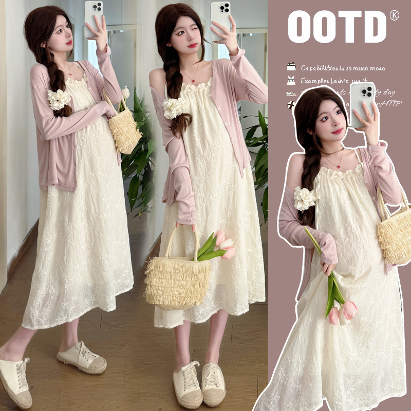 Pregnant Women dress suit Spring and Autumn 2025 New Pink Sweet Loose Cardigan Top Suspender Skirt Two-piece Set for Women Pregnant Women dress suit Spring and Autumn 2025 New Pink Sweet Loose Cardigan Top Suspender Skirt Two-piece Set for Women