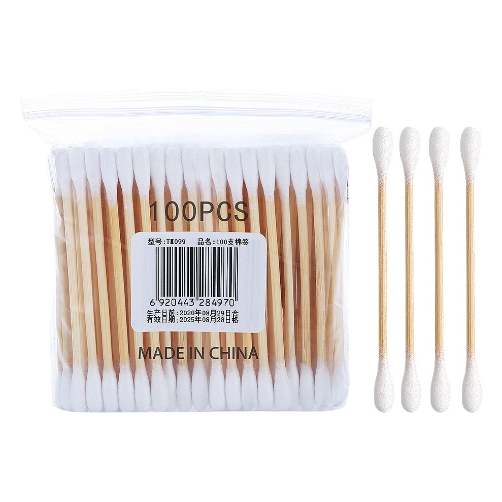 100 piezas de hisopos de algodón, embalaje neutro, hisopos de madera de doble punta, hisopos de algodón desechables para limpieza de maquillaje, venta al por mayor