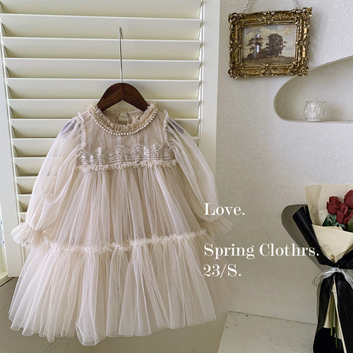 Girls' Dresses Spring and Autumn 2024 New Style Children's and Baby Girls' Style Lace Splicing Puffy Shape Princess Dress