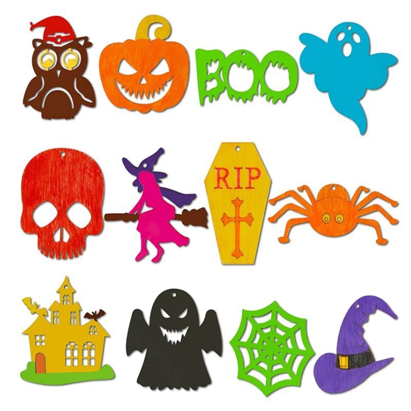 ハロウィンゴーストフェスティバルウッドチップ DIY パーティーフェスティバル装飾 DIY クリエイティブ落書き木製カボチャ魔女クラフトペンダント|undefined