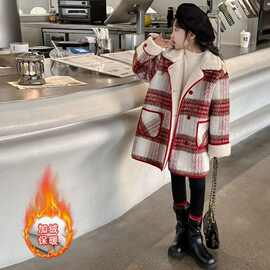 2025新款中大儿童格子呢子大衣女童毛呢外套秋冬款加厚加绒中长款