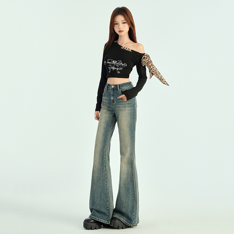 美式复古怀旧弹力微喇牛仔裤女2025秋季新款修身显瘦小个子喇叭裤|undefined