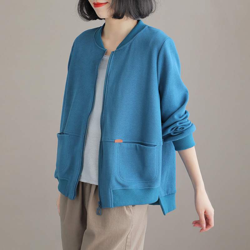Korean Style Versatile Simple Casual Zipper Short Jacket for Women Spring and Autumn New Artistic Long-Sleeved Loose Baseball Jacket