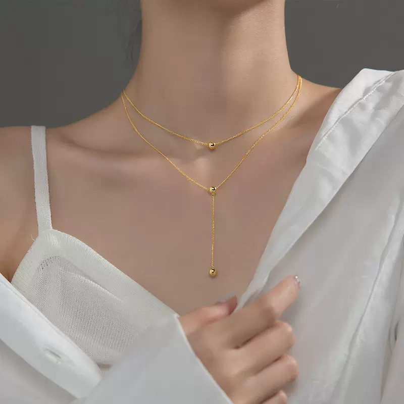 纳兰 S925银韩版气质双层光珠Y形项链气质长款滑珠锁骨链D5938