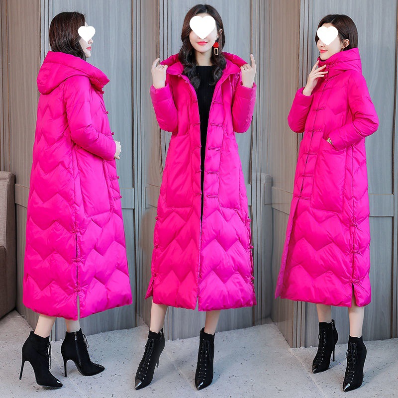 新版盘扣过膝大码白鸭绒中国风民族风羽绒服女中长款加长复古绿色