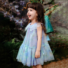 Amira Children's Clothing 2024 Summer New Girls' Skirt with Lace Collar Fully Printed Net Layered Dress