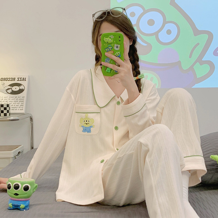 Internet Celebrity pijamas azules de alto grado algodón jacquard peinado de las mujeres Otoño e Invierno de manga larga cardigan linda chica dulce traje de desgaste para el hogar