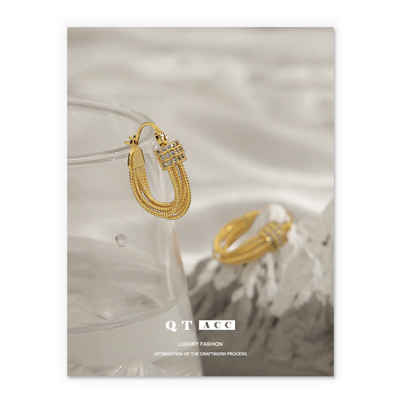 Latón chapado en oro europeo y americano ins exquisita luz de lujo zircon micro-incrustaciones de múltiples capas línea oreja hebilla pendientes de primavera y verano nuevo