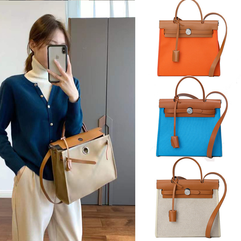 Genuine Leather Bag 2022 New Retro Fashion Canvas Kelly Bag Design Contrasting Color Single Shoulder Crossbody Bag Women's Bag Genuine Leather Bag 2022 New Retro Fashion Canvas Kelly Bag Design Contrasting Color Single Shoulder Crossbody Bag Women's Bag