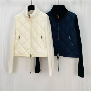 高品质版型好90白鸭绒外套女外贸跨境菱格立领开衫拼接针织羽绒服