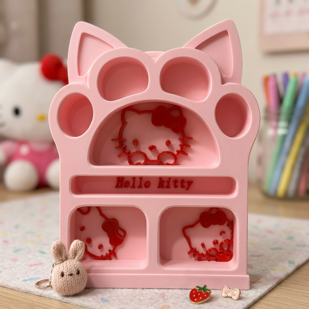 Hello Kitty cat paw storage rack, a cute cartoon-themed multi-functional storage and display stand for doll furniture and desktop decorations.