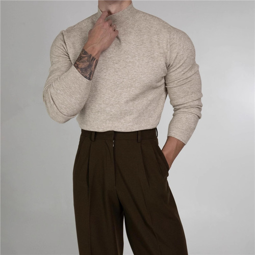 Men's Half-Turtleneck Knitted Sweater—Autumn/Winter New Arrival, Korean Style, Trendy, All-Match, Slim-Fit Fleece-Quilted Base Layer Pullover